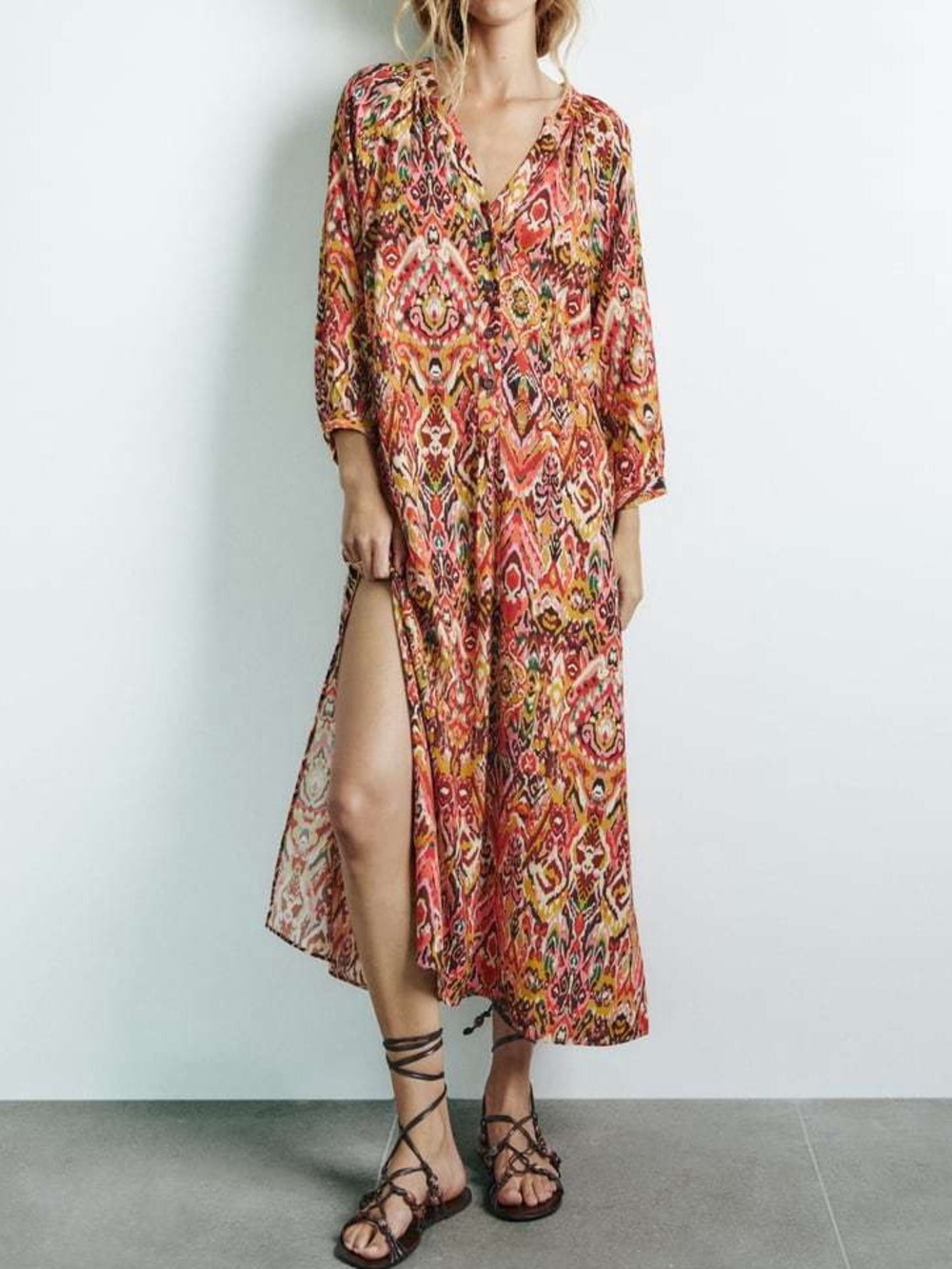 Zara Boho V-Neck Maxi Dress in Coral Ikat